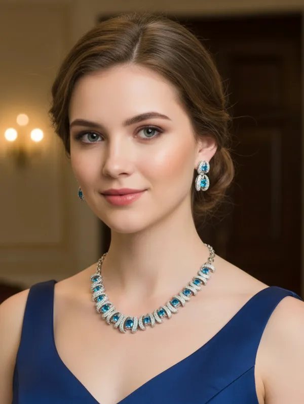 Pure_925_Silver_Blue_Square_Necklace_Set_For_Women