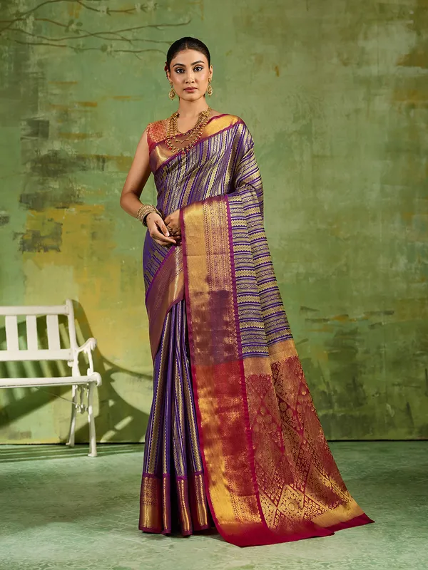 Navy_Blue_Kanjivaram_Silk_Striped_Saree_For_Women