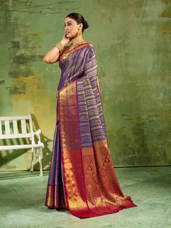 Navy_Blue_Kanjivaram_Silk_Striped_Saree_For_Women