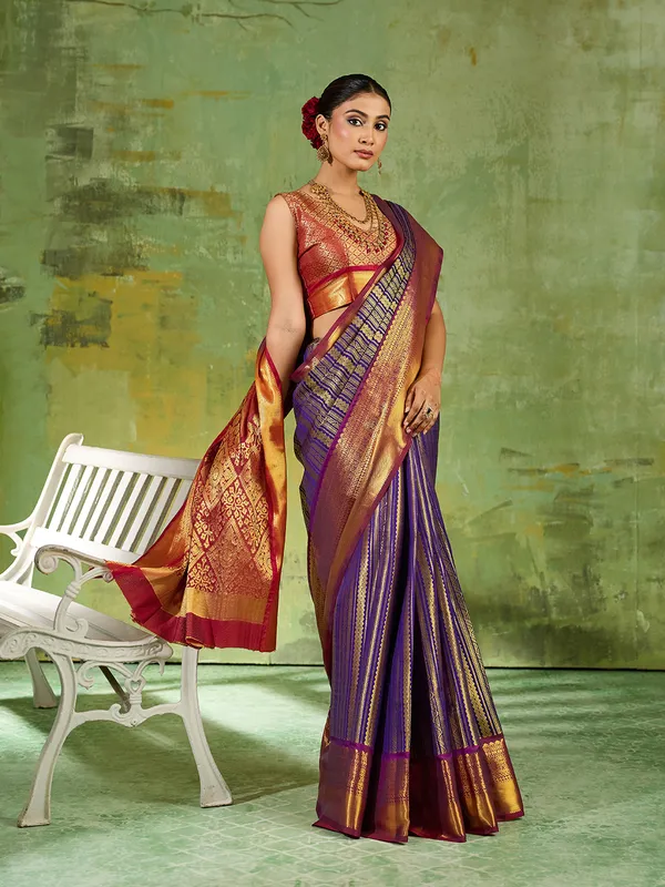Navy_Blue_Kanjivaram_Silk_Striped_Saree_For_Women