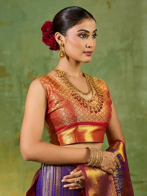 Navy_Blue_Kanjivaram_Silk_Striped_Saree_For_Women