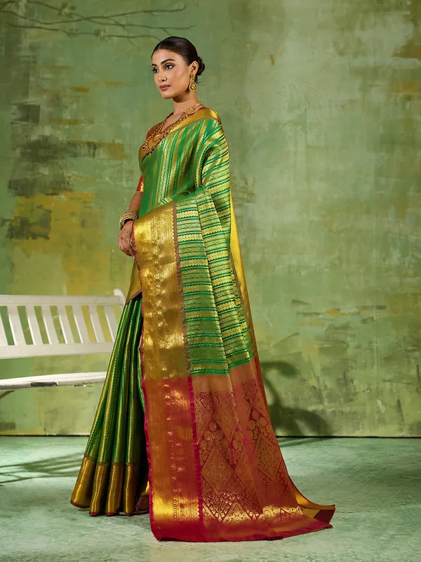 Light_Green_Kanjivaram_Silk_Zari_Striped_Saree_For_Women