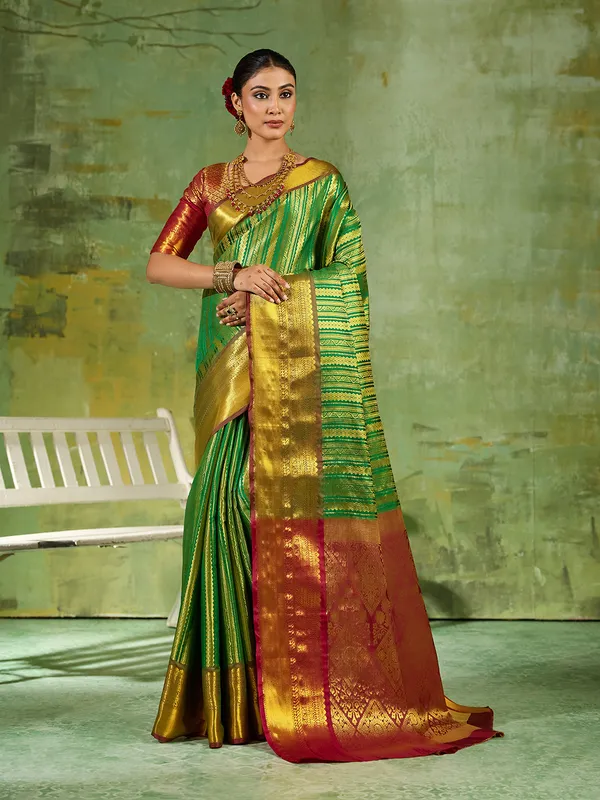 Light_Green_Kanjivaram_Silk_Zari_Striped_Saree_For_Women