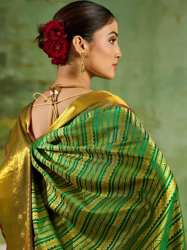 Light_Green_Kanjivaram_Silk_Zari_Striped_Saree_For_Women