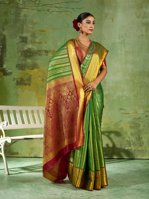 Light_Green_Kanjivaram_Silk_Zari_Striped_Saree_For_Women