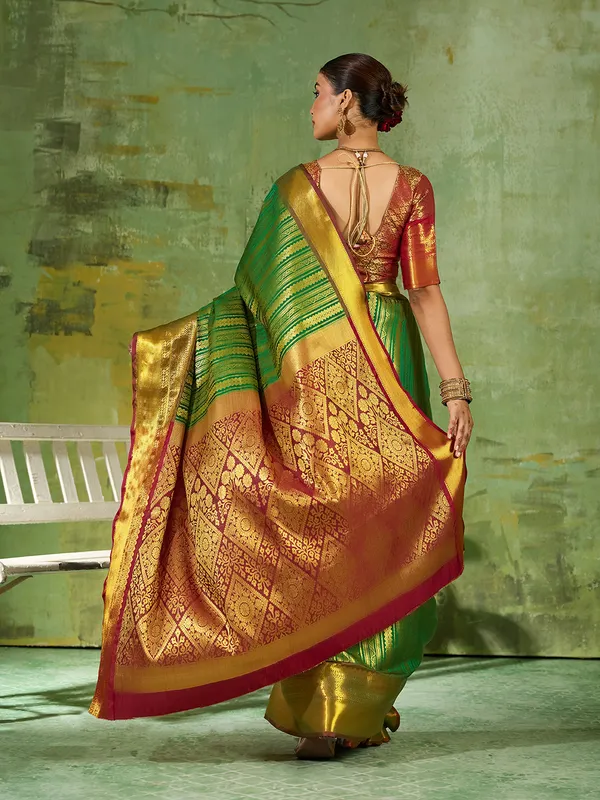 Light_Green_Kanjivaram_Silk_Zari_Striped_Saree_For_Women