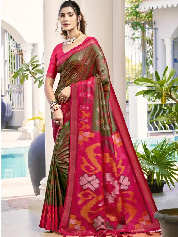 Olive_Green_Red_Pochampalli_Soft_Silk_Woven_Saree_For_Women