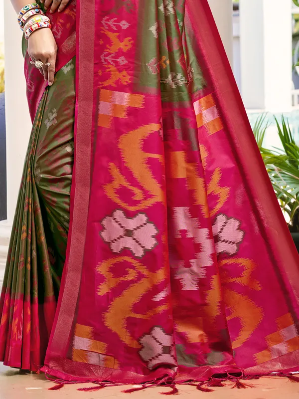 Olive_Green_Red_Pochampalli_Soft_Silk_Woven_Saree_For_Women