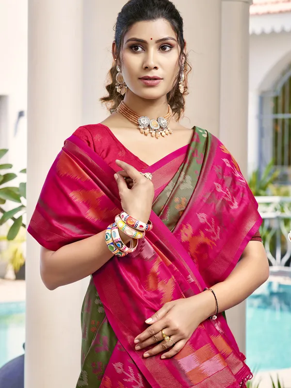 Olive_Green_Red_Pochampalli_Soft_Silk_Woven_Saree_For_Women