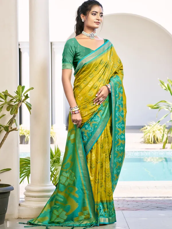 Mustard_Yellow_Green_Pochampalli_Soft_Silk_Ikat_Saree_For_Women