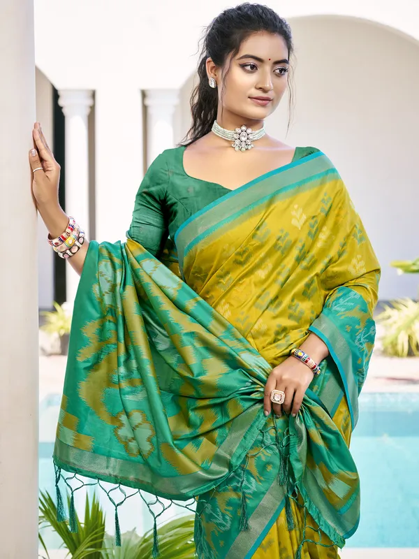 Mustard_Yellow_Green_Pochampalli_Soft_Silk_Ikat_Saree_For_Women