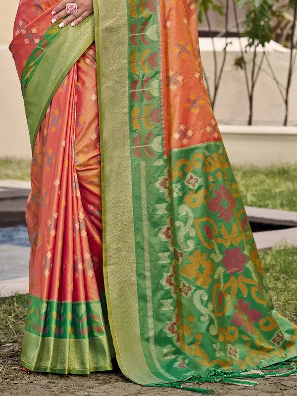 Orange_Green_Pochampalli_Soft_Silk_Ikat_Woven_Saree_For_Women