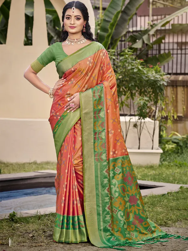 Orange_Green_Pochampalli_Soft_Silk_Ikat_Woven_Saree_For_Women