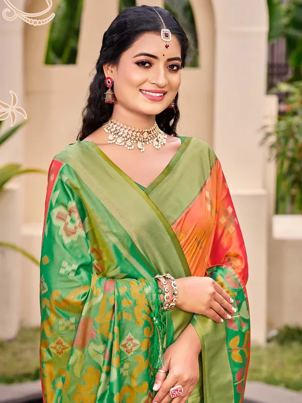 Orange_Green_Pochampalli_Soft_Silk_Ikat_Woven_Saree_For_Women