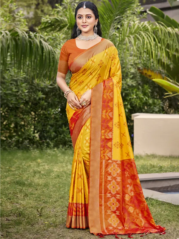 Yellow_Red_Pochampalli_Soft_Silk_Ikat_Woven_Saree_For_Women