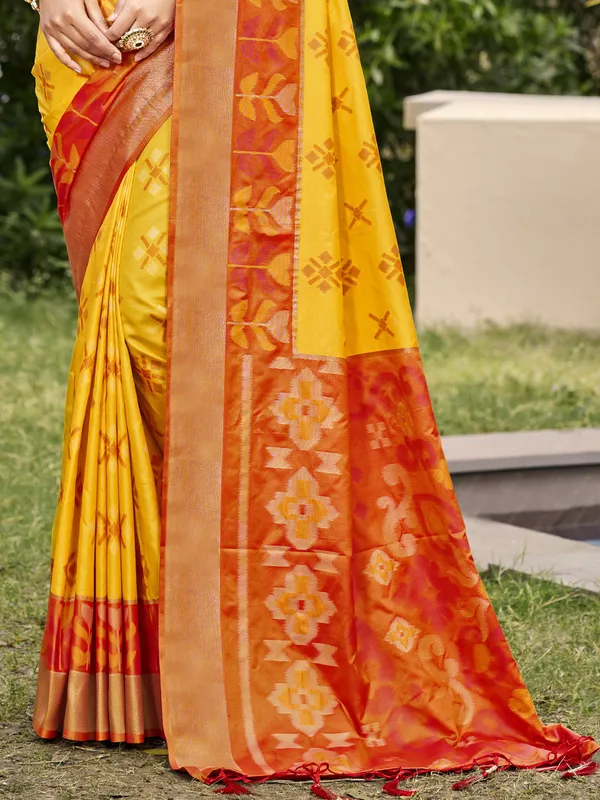 Yellow_Red_Pochampalli_Soft_Silk_Ikat_Woven_Saree_For_Women