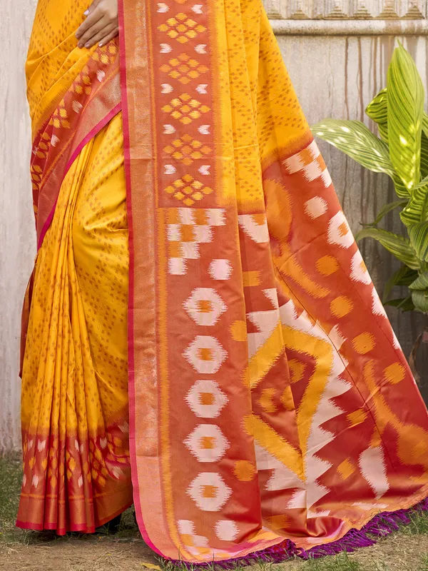 Yellow_Red_Pochampalli_Soft_Silk_Ikat_Woven_Saree_For_Women