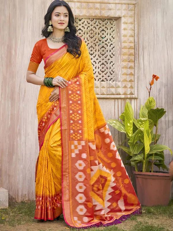 Yellow_Red_Pochampalli_Soft_Silk_Ikat_Woven_Saree_For_Women