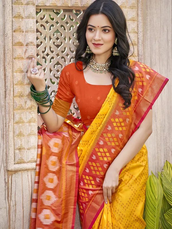 Yellow_Red_Pochampalli_Soft_Silk_Ikat_Woven_Saree_For_Women