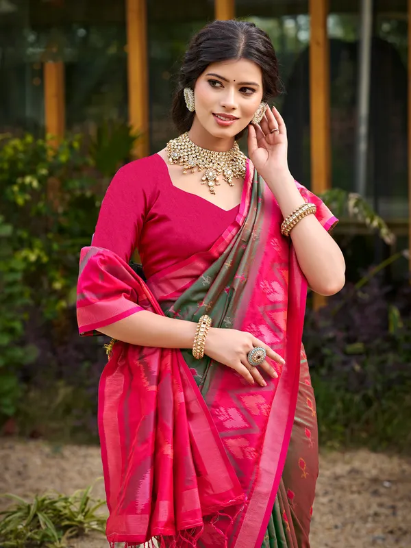 Olive_Green_Pochampalli_Silk_Woven_Saree_For_Women