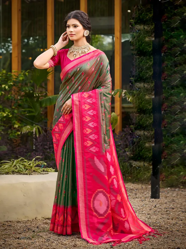 Olive_Green_Pochampalli_Silk_Woven_Saree_For_Women