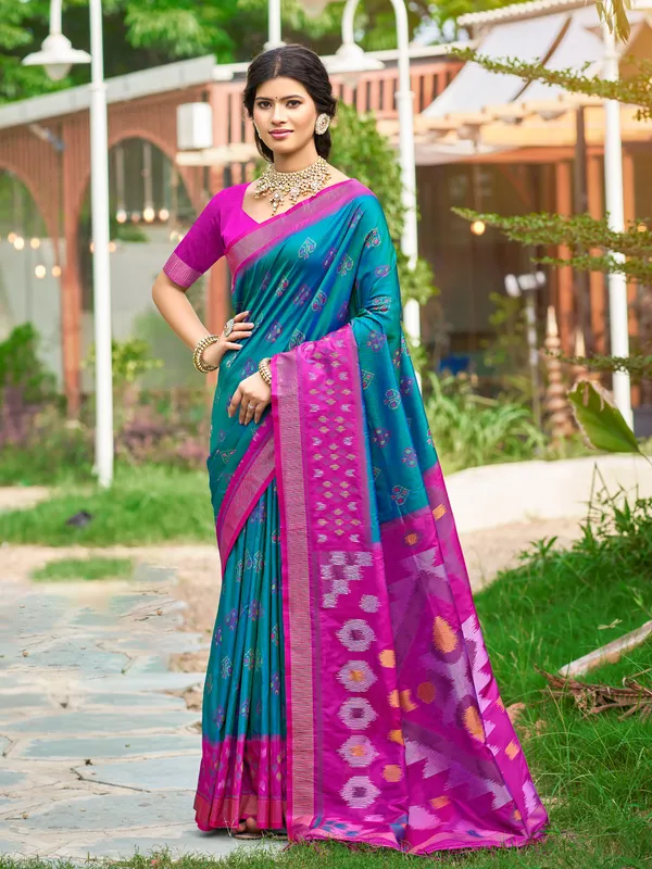 Teal_Blue_Pochampalli_Silk_Woven_Traditional_Saree_For_Women