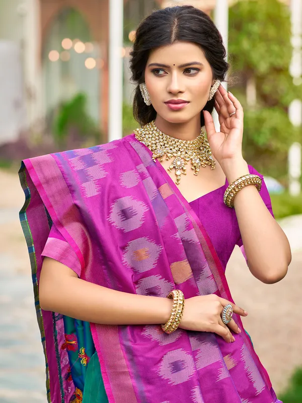Teal_Blue_Pochampalli_Silk_Woven_Traditional_Saree_For_Women