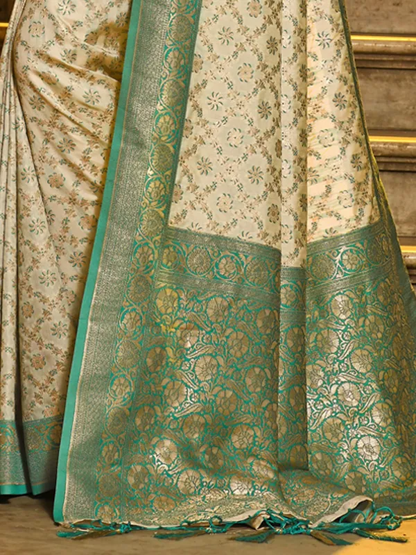 Ivory_Sea_Green_Banarasi_Silk_Golden_Zari_Woven_Saree_For_Women