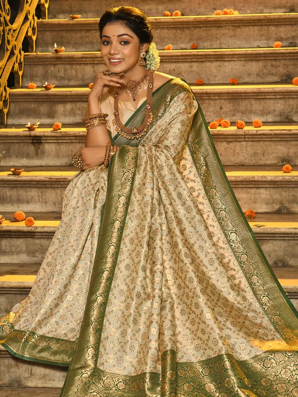 Ivory_Green_Banarasi_Silk_Golden_Zari_Woven_Saree_For_Women