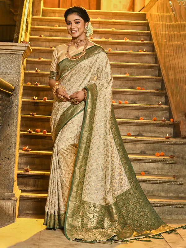 Ivory_Green_Banarasi_Silk_Golden_Zari_Woven_Saree_For_Women