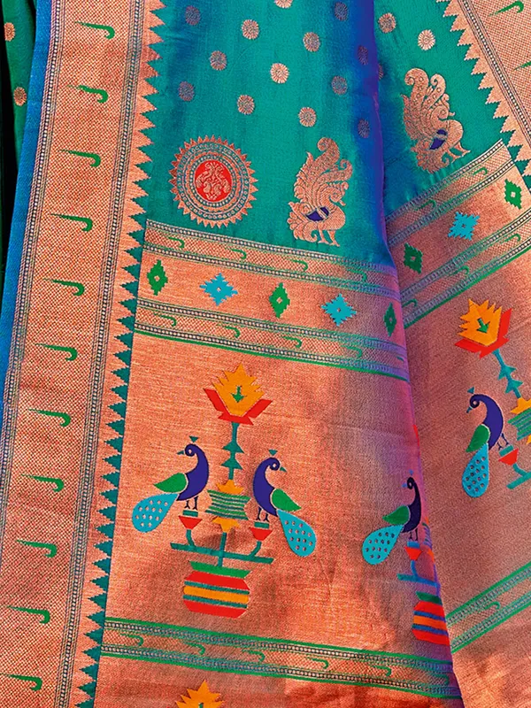 Sea_Green_Kanjivaram_Silk_Golden_Zari_Peacock_Woven_Saree_For_Women