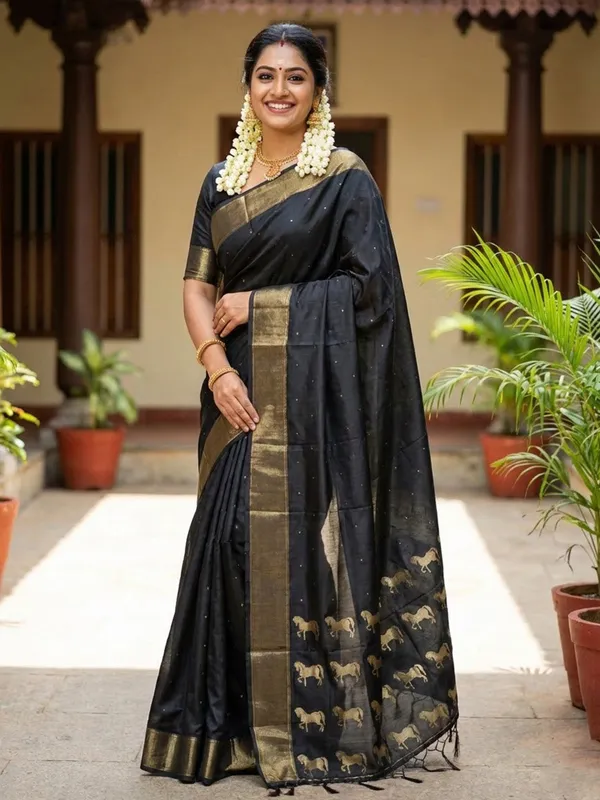 Black_Gold_Silk_Zari_Border_Horse_Motif_Saree_For_Women
