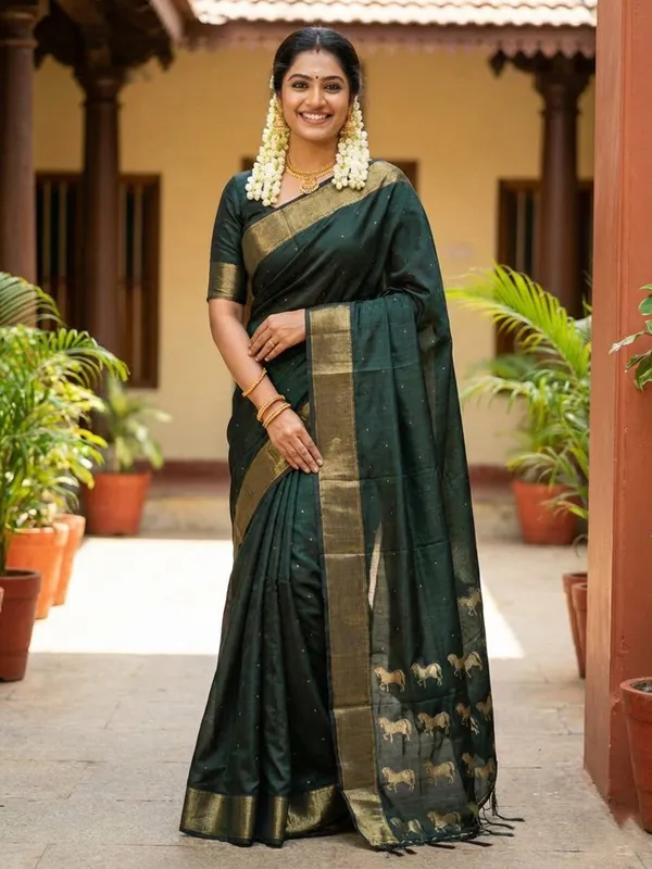 Dark_Green_Silk_Wide_Gold_Zari_Border_Horse_Motif_Pallu_Saree_For_Women