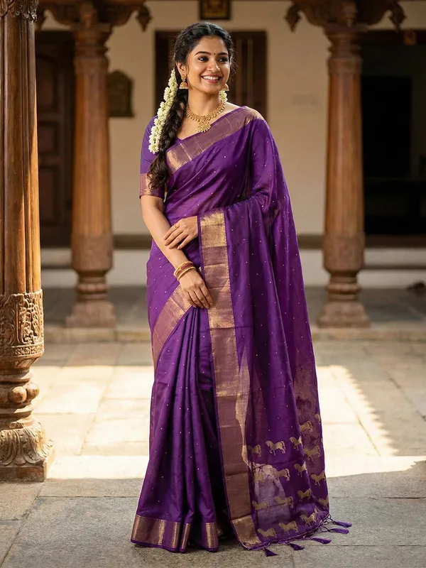 Purple_Gold_Silk_Zari_Border_Horse_Motif_Woven_Saree_For_Women