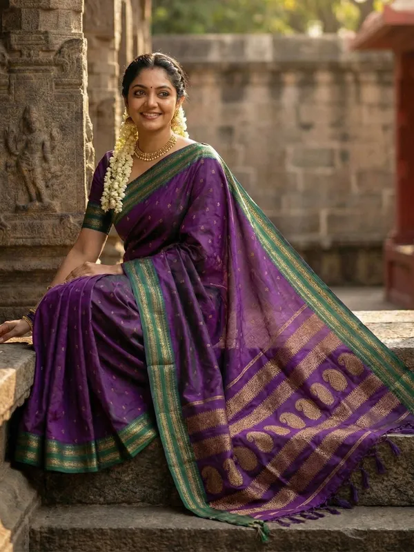 Purple_Green_Silk_Blend_Zari_Border_Butti_Woven_Pallu_Saree_For_Women