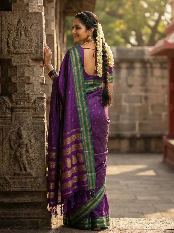 Purple_Green_Silk_Blend_Zari_Border_Butti_Woven_Pallu_Saree_For_Women