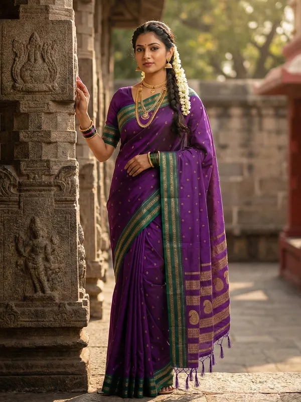 Purple_Green_Silk_Blend_Zari_Border_Butti_Woven_Pallu_Saree_For_Women