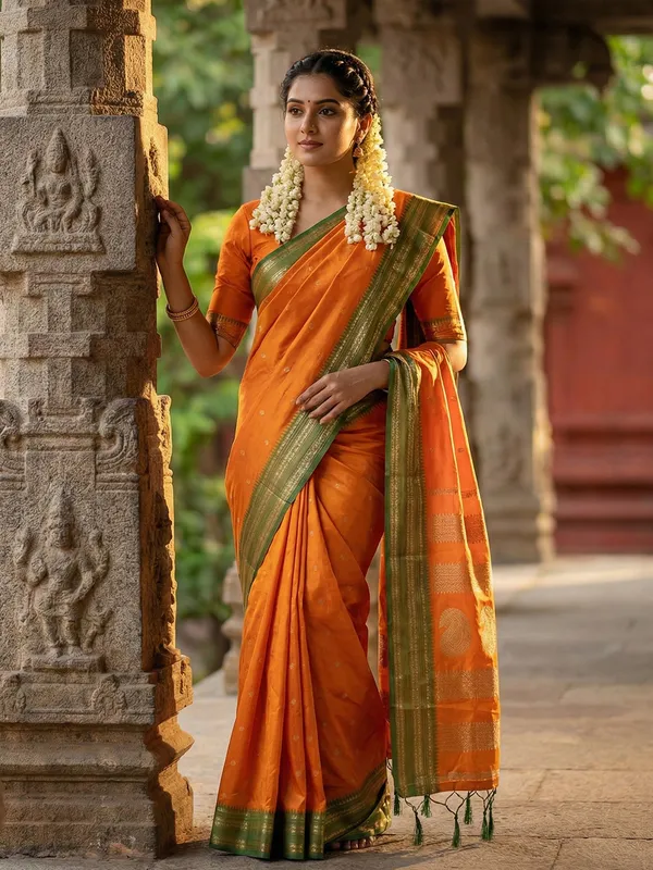 Orange_Silk_Blend_Zari_Border_Woven_Saree_For_Women