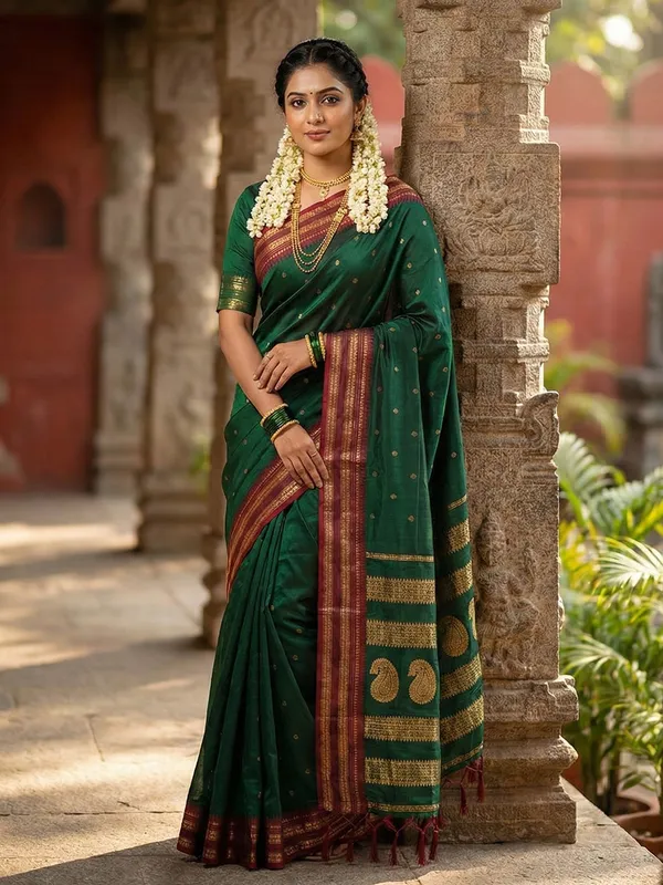 Bottle_Green_Silk_Blend_Zari_Border_Woven_Saree_For_Women