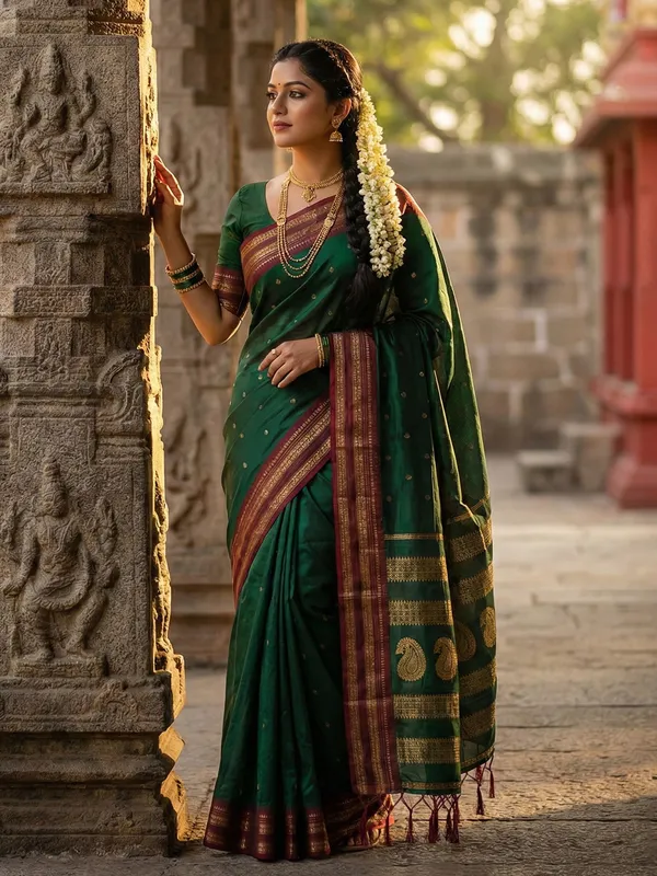 Bottle_Green_Silk_Blend_Zari_Border_Woven_Saree_For_Women
