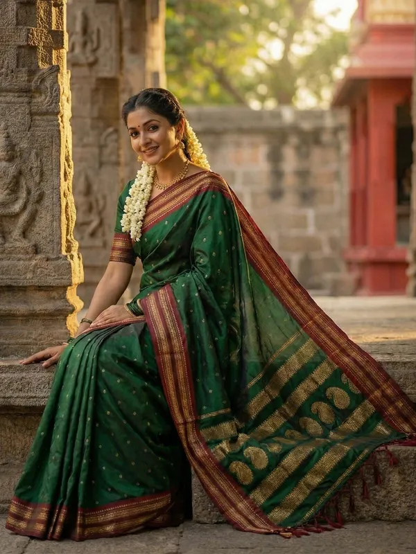 Bottle_Green_Silk_Blend_Zari_Border_Woven_Saree_For_Women