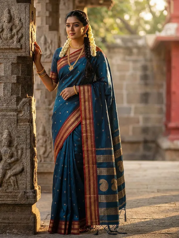 Teal_Blue_Silk_Blend_Zari_Border_Butti_Woven_Pallu_Saree_For_Women