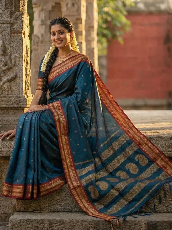 Teal_Blue_Silk_Blend_Zari_Border_Butti_Woven_Pallu_Saree_For_Women