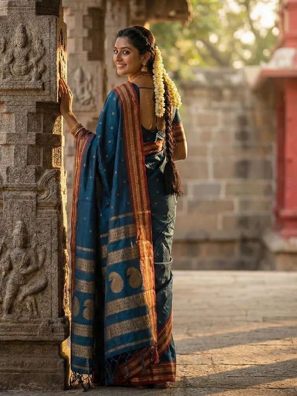 Teal_Blue_Silk_Blend_Zari_Border_Butti_Woven_Pallu_Saree_For_Women