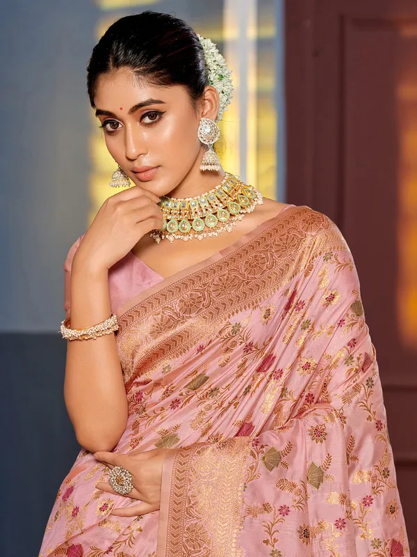 Baby_Pink_Silk_Blend_Woven_Floral_Zari_Saree_For_Women