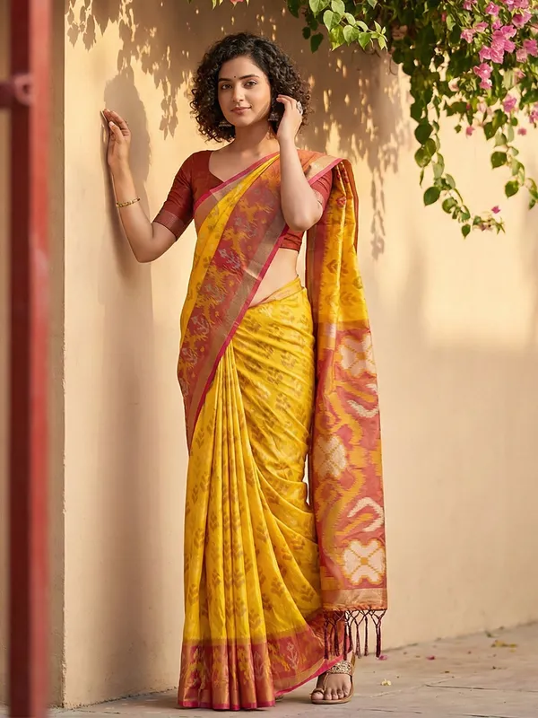 Mustard_Yellow_Patola_Inspired_Woven_Maroon_Contrast_Tassel_Pallu_Saree_For_Women