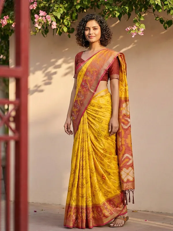 Mustard_Yellow_Patola_Inspired_Woven_Maroon_Contrast_Tassel_Pallu_Saree_For_Women