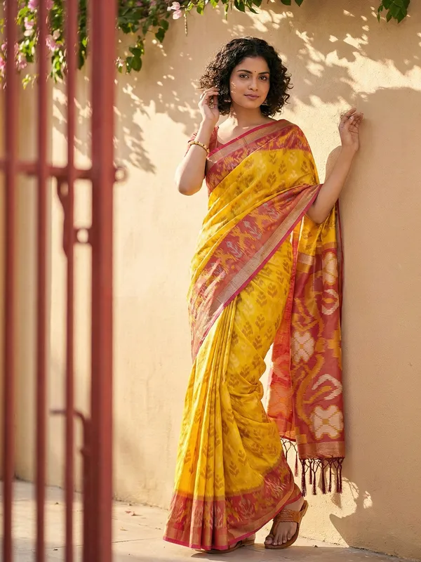 Mustard_Yellow_Patola_Inspired_Woven_Maroon_Contrast_Tassel_Pallu_Saree_For_Women