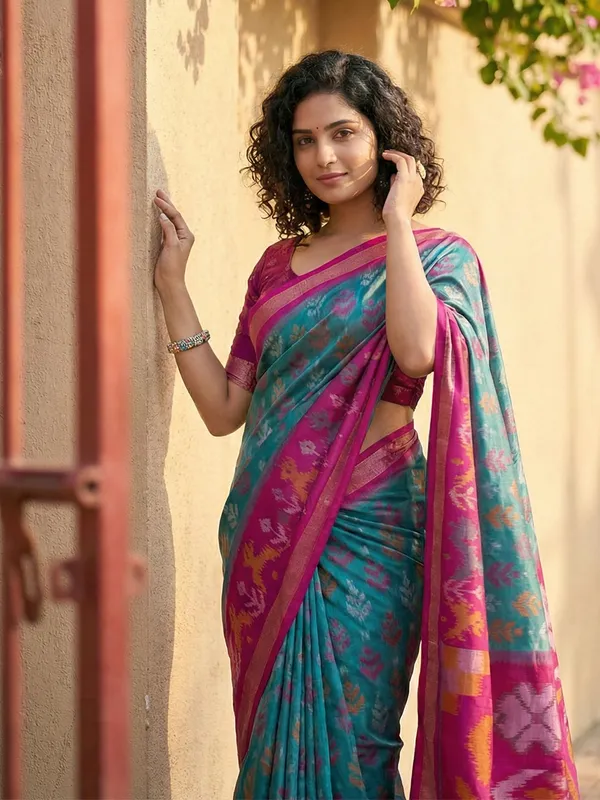 Teal_Blue_Patola_Silk_Woven_Saree_Magenta_Contrast_Border_For_Women