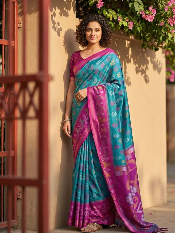 Teal_Blue_Patola_Silk_Woven_Saree_Magenta_Contrast_Border_For_Women